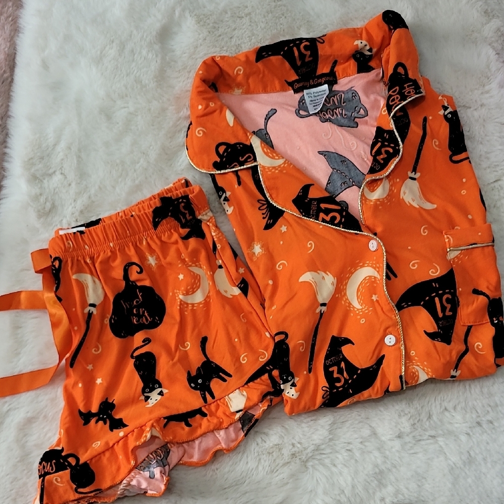 🎃 Spooky Cat Halloween Pajama Set - Orange